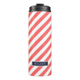 Koraal en Navy Blue Preppy Stripes Monogram Thermosbeker