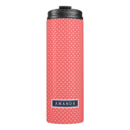 Koraal en Navy Blue Tiny Stippen Monogram Thermosbeker (Voorkant)