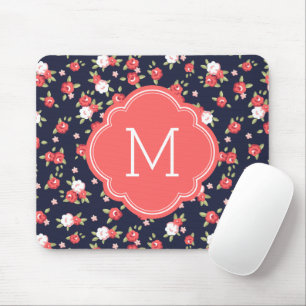 Koraal en Navy Chic  Bloemenprint Monogram Muismat