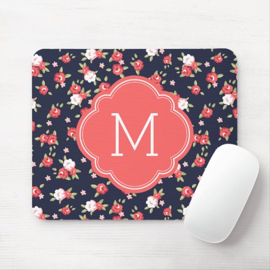 Koraal en Navy Chic  Bloemenprint Monogram Muismat (Met muis)