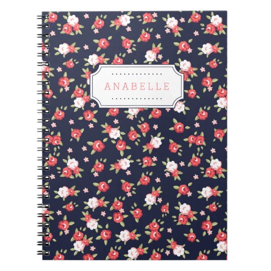 Koraal en Navy Chic  Bloemenprint Monogram Notitieboek (Voorkant)