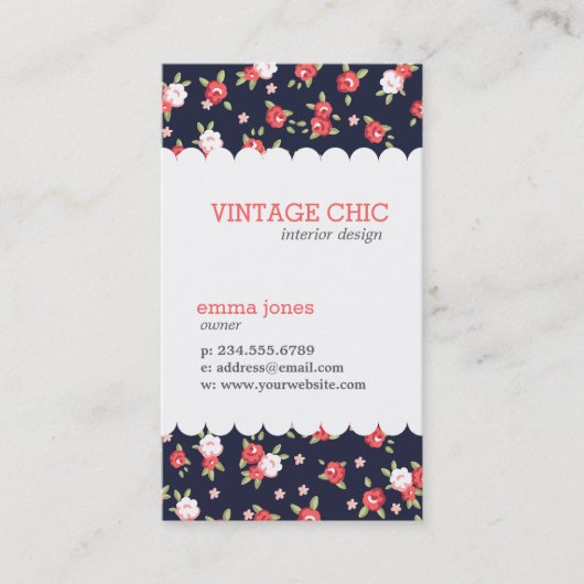 Koraal en Navy Chic  Bloemenprint Visitekaartje (Voorkant)