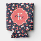 Koraal en Navy  Floral Monogram Blikjeskoeler (Voorkant)
