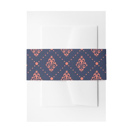 Koraal en Navy  Lattice Damask Uitnodigingen Wikkel (Voorkant Voorbeeld)
