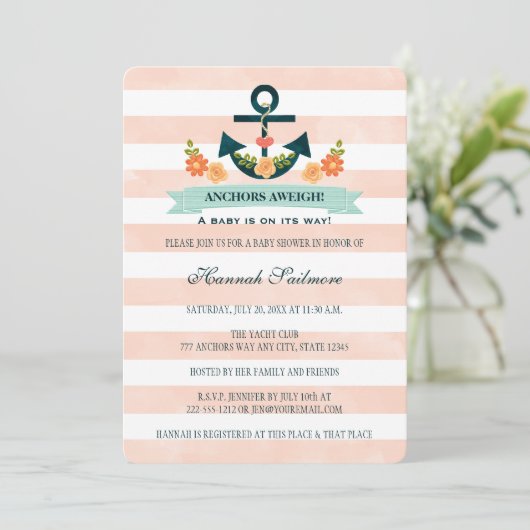 Koraal en Navy Nautisch Anker Baby shower Kaart (Staand voorkant)