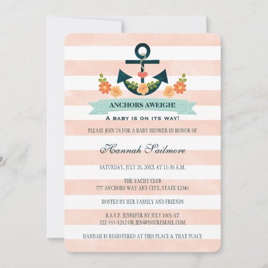 Koraal en Navy Nautisch Anker Baby shower Kaart (Voorkant)