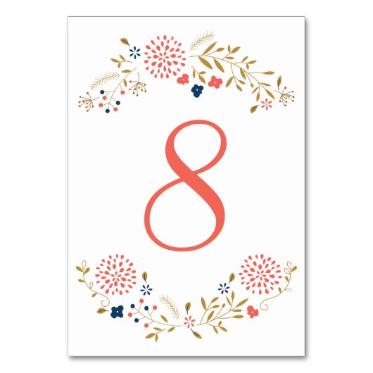 Koraal en Navy Tuin Tafel Nummer Kaart (Voorkant)