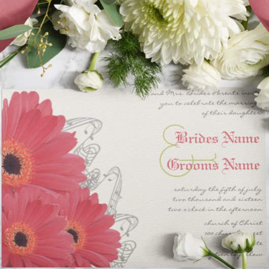 Koraal en Oranje Gerber Daisy Wedding Invitation Kaart