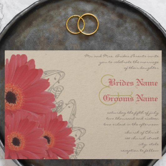 Koraal en Oranje Gerber Daisy Wedding Invitation Kaart