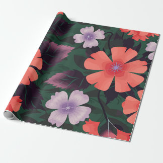Koraal en Paarse bloemen met donkere bladeren Cadeaupapier