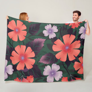 Koraal en Paarse bloemen met donkere bladeren Fleece Deken