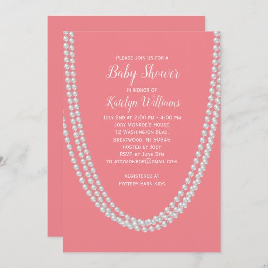 Koraal en parels Baby shower Nodig wit uit Kaart (Voorkant / Achterkant)