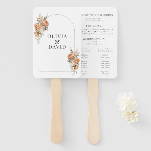 Koraal en perzik droge bloem bruiloft programma handwaaier (Voorkant en achterkant)
