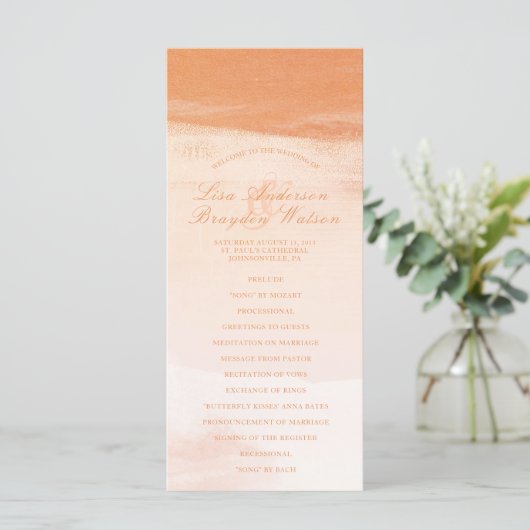 Koraal en perzik Waterverf Wash bruiloft programma Programmakaart (Staand voorkant)