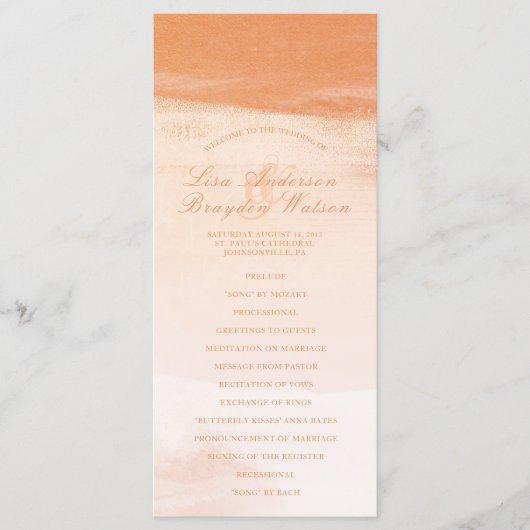 Koraal en perzik Waterverf Wash bruiloft programma Programmakaart (Voorkant)