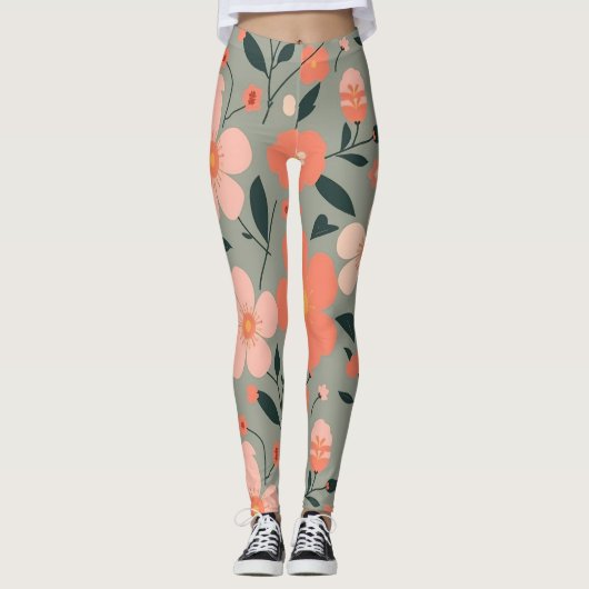 Koraal en roze bloemen op groen leggings (Voorkant)