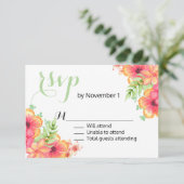Koraal en Roze Bloemen Wedding RSVP Kaart (Staand voorkant)