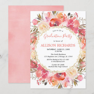 Koraal en roze Floral waterverf graduatie party Kaart