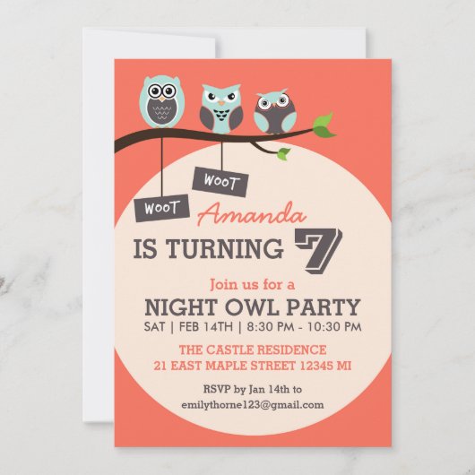 Koraal en Roze Night Owl Birthday Party Invitation Kaart (Voorkant)