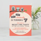 Koraal en Roze Night Owl Birthday Party Invitation Kaart (Staand voorkant)