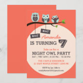 Koraal en Roze Night Owl Birthday Party Invitation Kaart (Voorkant / Achterkant)