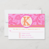 Koraal en roze Oranje Damask Floral Monogram RSVP Kaartje (Voorkant)