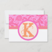 Koraal en roze Oranje Damask Floral Monogram RSVP Kaartje (Achterkant)