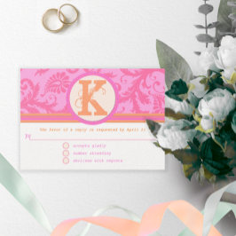 Koraal en roze Oranje Damask Floral Monogram RSVP Kaartje