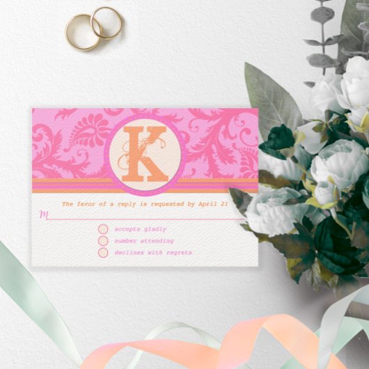Koraal en roze Oranje Damask Floral Monogram RSVP Kaartje