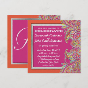 Koraal en Roze Paisley Peacock Wedding Invitations Kaart