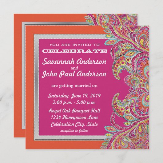 Koraal en Roze Paisley Peacock Wedding Invitations Kaart (Voorkant / Achterkant)