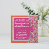 Koraal en Roze Paisley Peacock Wedding Invitations Kaart (Staand voorkant)