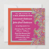 Koraal en Roze Paisley Peacock Wedding Invitations Kaart (Voorkant)