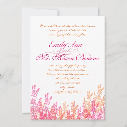 Koraal en roze wilde bloemen bruiloft kaart (Voorkant)