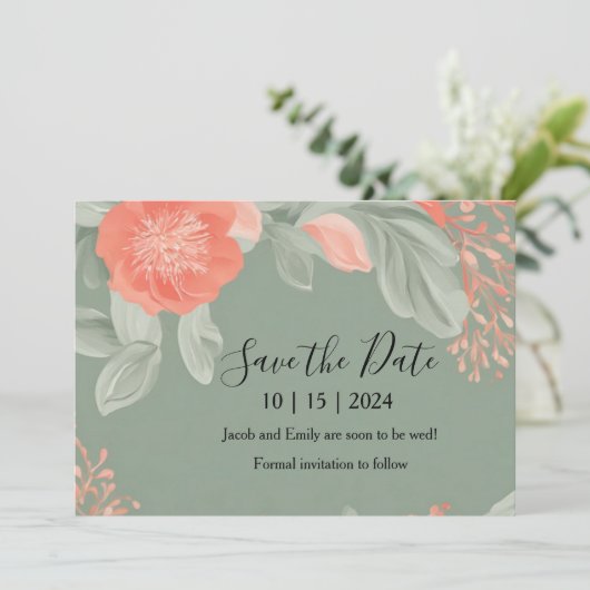 Koraal en Salie - Romantische 'Save the Date'-kaar Save The Date (Staand voorkant)