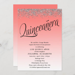 Koraal en Silver Quinceanera Birthday Uitnodiging
