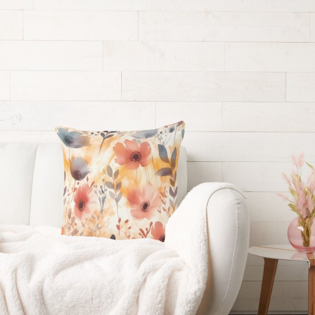 Koraal en Smoky Blue Moderne Kunstbloemen Kussen (Bank)