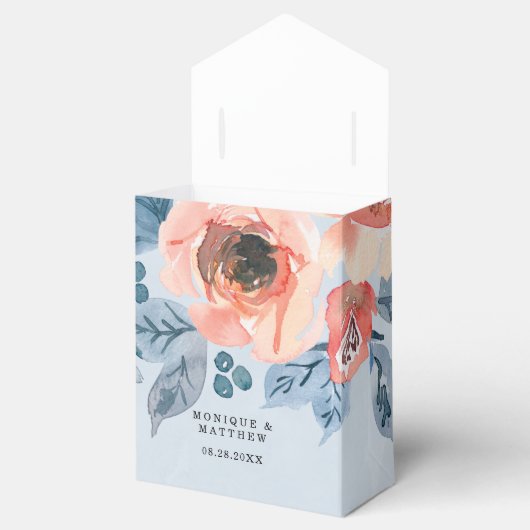 Koraal en Stusty Blue Floral Weddenschap Bedankt Bedankdoosjes (Geopend)