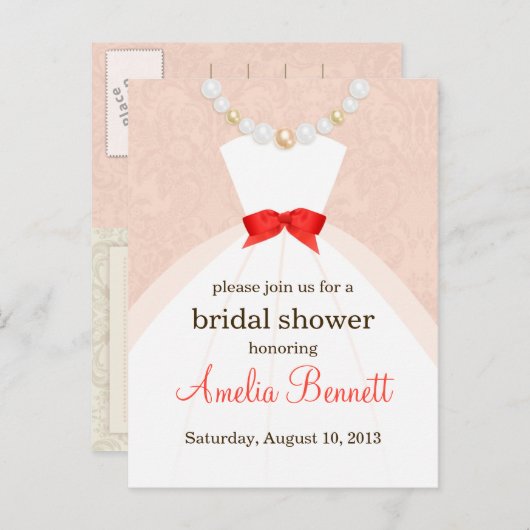 Koraal en Taupe Damask Bruids Douche Uitnodiging (Voorkant / Achterkant)