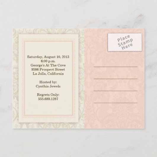 Koraal en Taupe Damask Bruids Douche Uitnodiging (Achterkant)