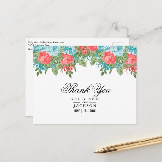 Koraal en Teal Bloem Briefkaart (Voorkant / Achterkant in situ)