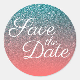 Koraal en Teal Ombre Glitter Bewaar de Datum Ronde Sticker
