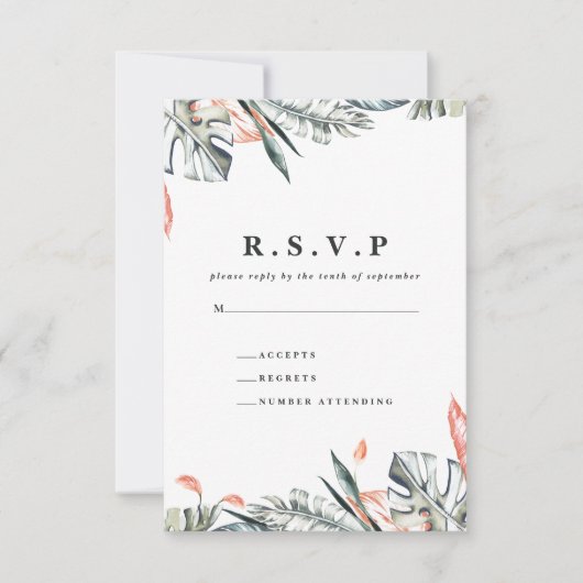 Koraal en tropisch blad loof bruiloft R.S.V.P RSVP Kaartje (Voorkant)