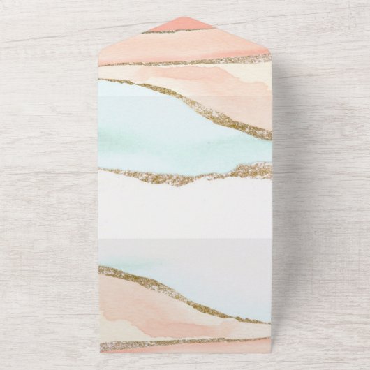 Koraal en Turquoise Alcohol Ink Agate Wedding All In One Uitnodiging (Buitenkant)