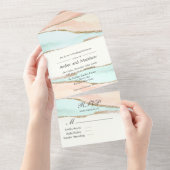 Koraal en Turquoise Alcohol Ink Agate Wedding All In One Uitnodiging (Afscheurbaar)