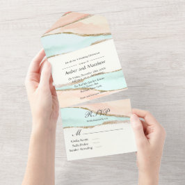 Koraal en Turquoise Alcohol Ink Agate Wedding All In One Uitnodiging