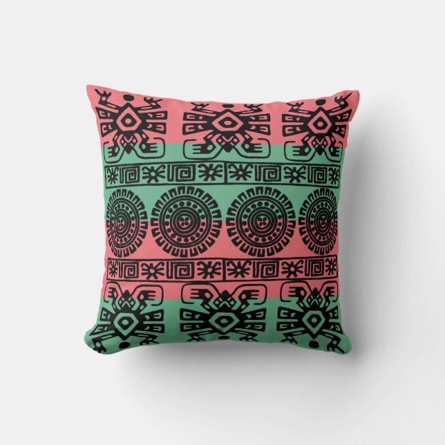 Koraal en Turquoise Aztec Pattern Pillow Kussen (Voorkant)