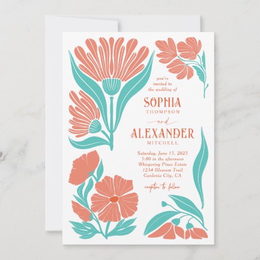 Koraal en Turquoise Boho Retro bruiloft uitnodigin Kaart (Voorkant)
