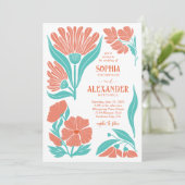 Koraal en Turquoise Boho Retro bruiloft uitnodigin Kaart (Staand voorkant)