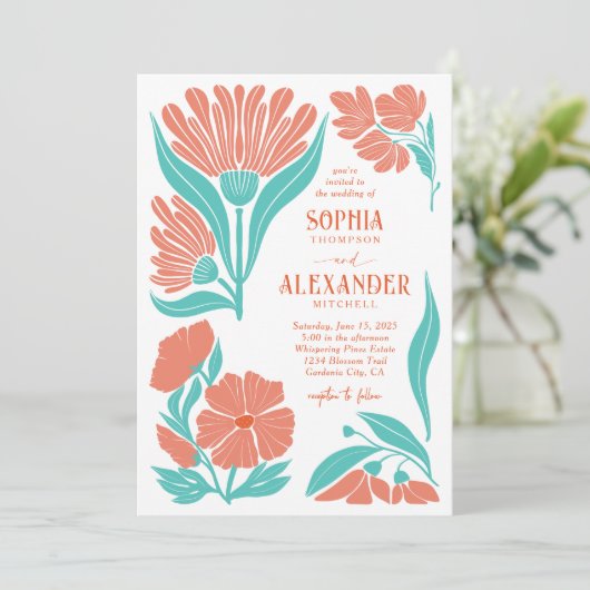 Koraal en Turquoise Boho Retro bruiloft uitnodigin Kaart (Staand voorkant)